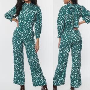 TIMELESS LONDON US 14 1X plus Green Polka Dot Long Sleeve Wide Leg Jumpsuit B69